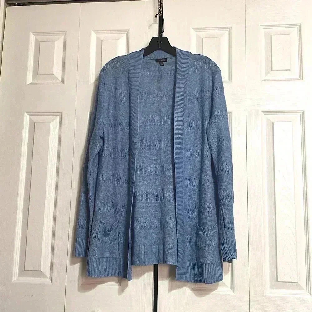 Talbots blue linen cardigan sweater top Size Large
